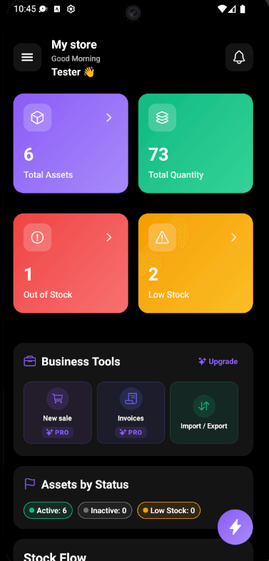 Stockery dashboard with total assets, total quantity, out of stock and low stock tiles, and business tools