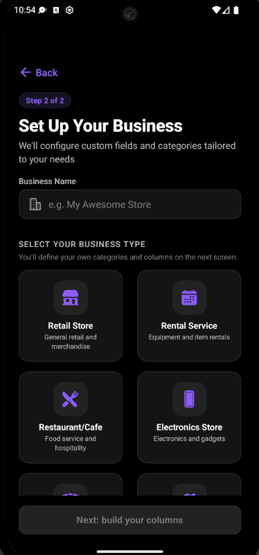Stockery setup screen asking for a business name and business type such as Retail Store, Rental Service or Restaurant/Cafe